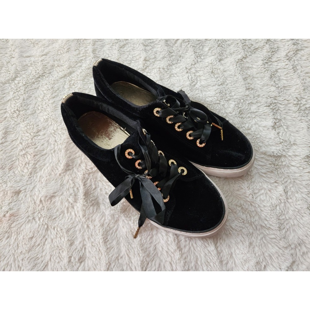 Lilly Pulitzer Black Velvet‎ Sneakers Women's 9.5 M Gold Jewel Eyelets Ribbon...